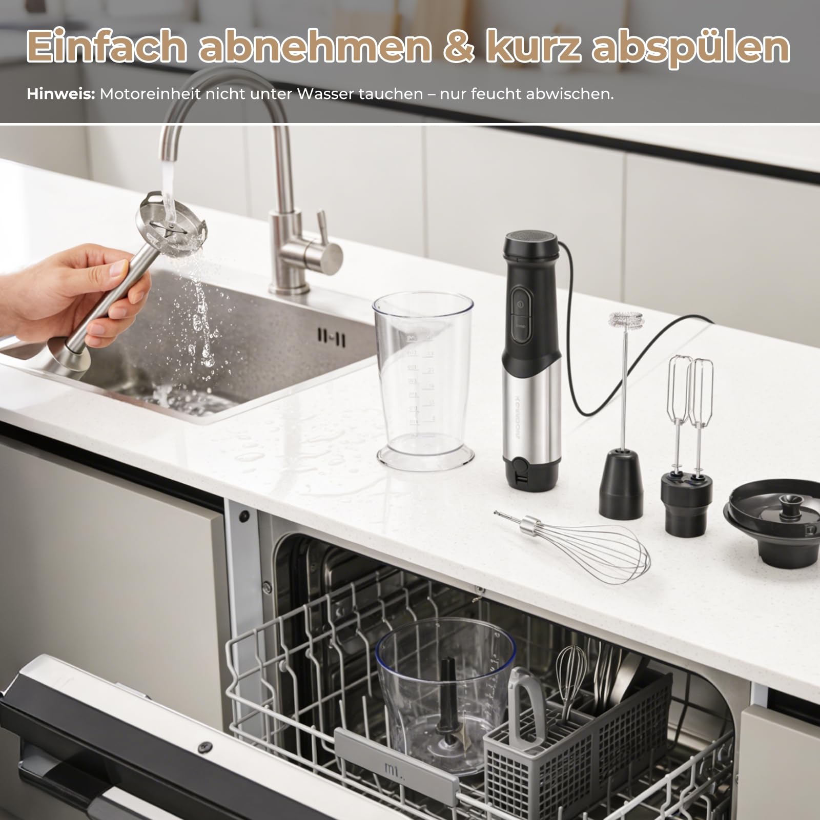 Stabmixer Set 1200W mit 12 Geschwindigkeiten & Turbofunktion – Edelstahl Pürierstab für Suppen, Soße, Smoothies – inkl. 800 ml Messbecher, 600 ml Zerkleinerer & Milchaufschäumer – spülmaschinenfest