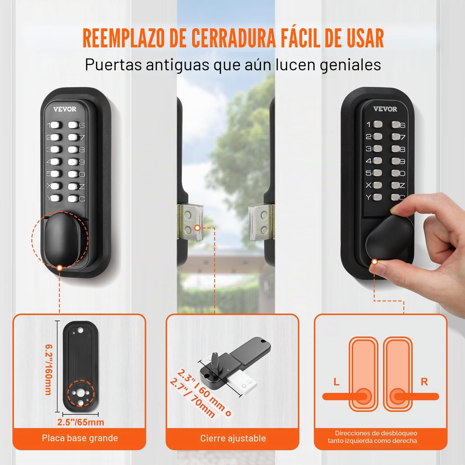 VEVOR Cerradura de Puerta Mecánica sin Llave Teclado de 14 Teclas Cerradura de Código Manija de Puerta de Entrada Exterior de Aleación de Zinc Fácil Instalación para Puertas Espesor de 35-65 mm