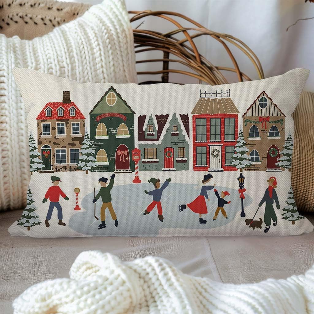 Winter Holiday Throw Pillow Cover 12x20 Village House Ice Skating image 2
