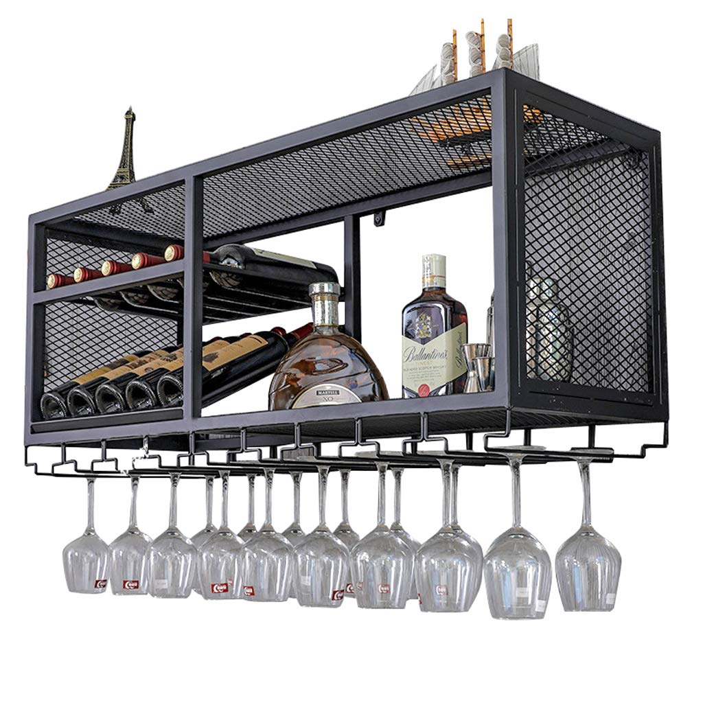 Organisateur de casier à vin mural en métal noir avec support pour verres à pied