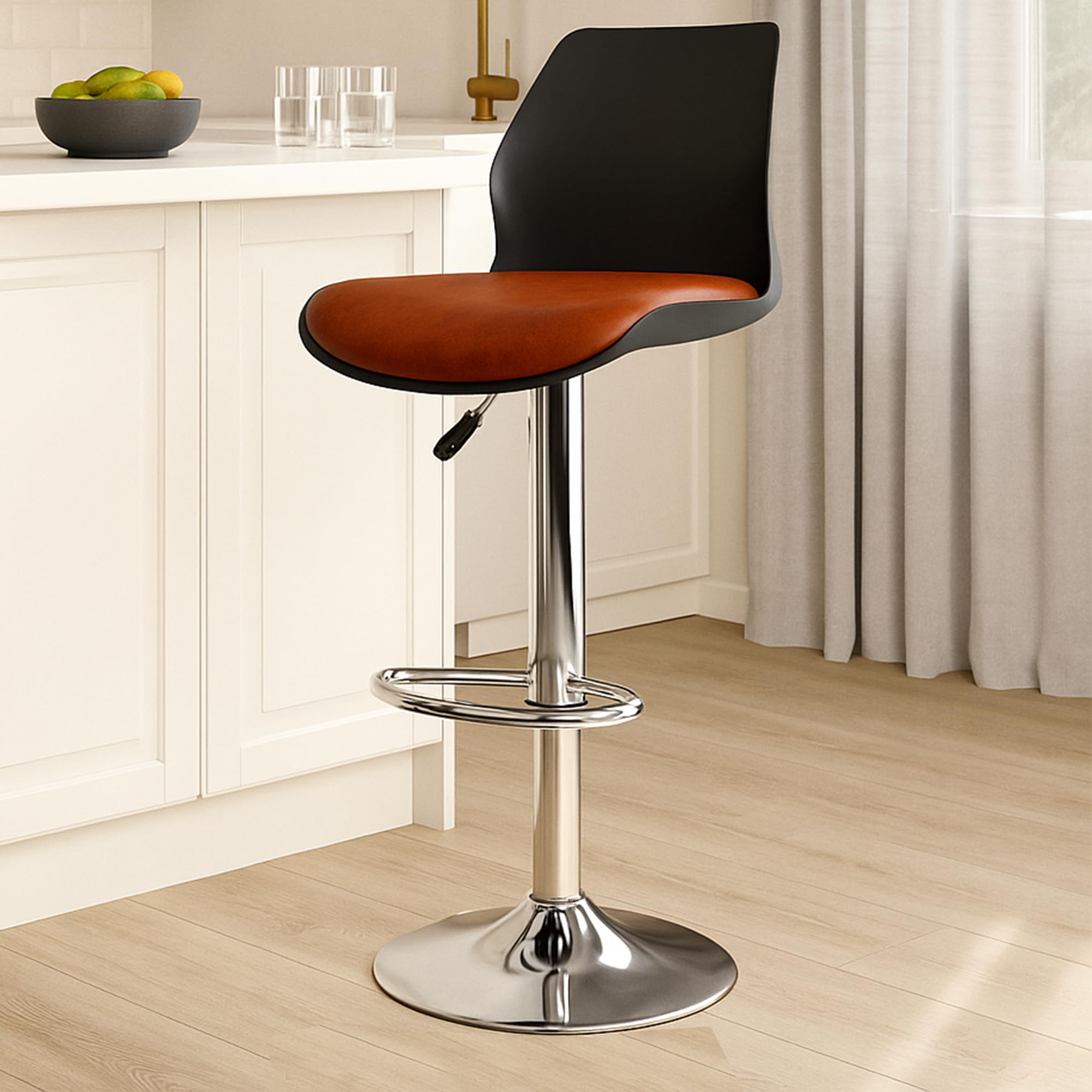 NITYAM Seating Bar Stool Chair for Kitchen| Office| Home| Bar| Restaurant, Adjustable Height, Color Black and Red, Chrome Base with Footrest-image-9