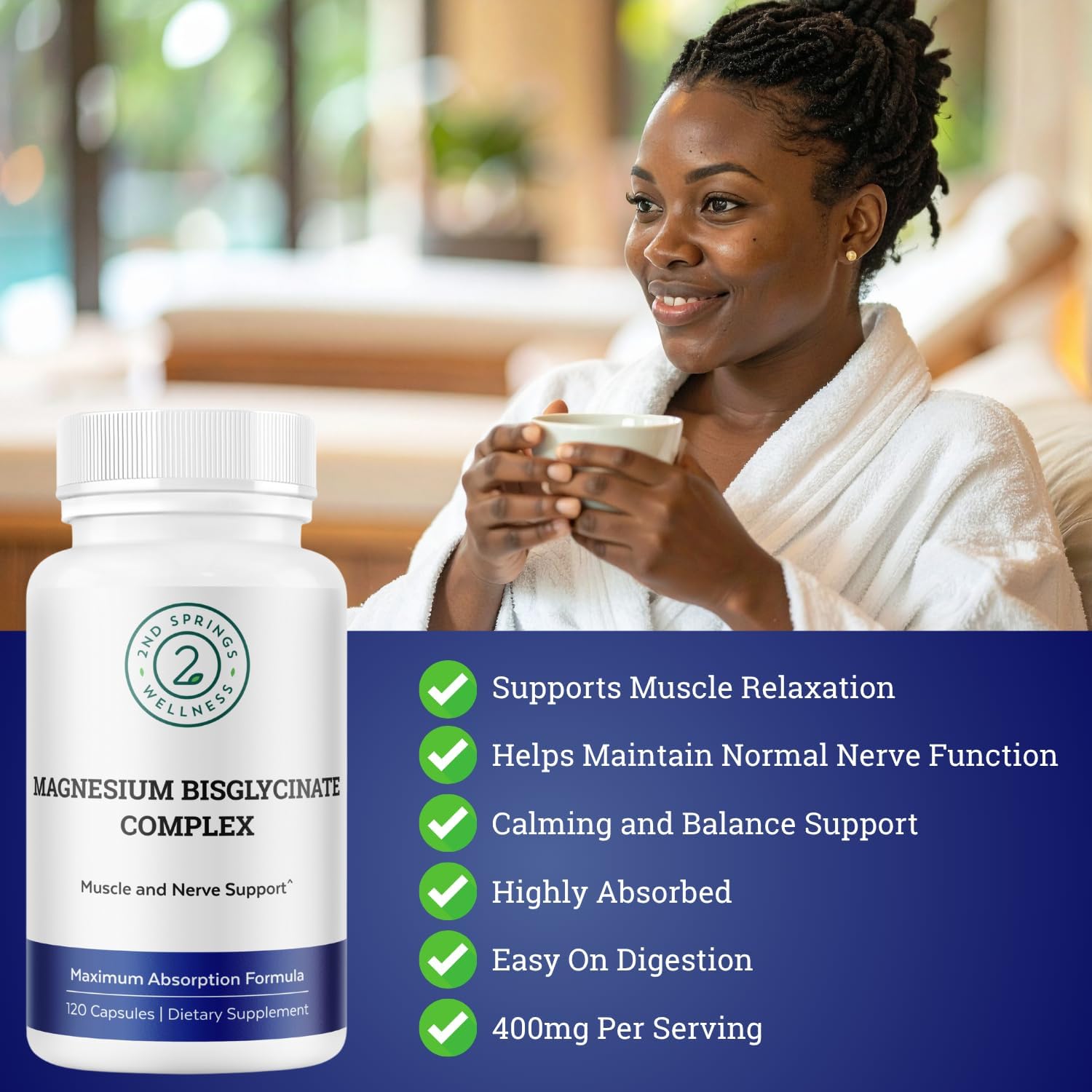 Magnesium Bisglycinate Complex 400mg – Albion TRAACS Chelated Magnesium for Maximum Absorption – Gentle on Stomach, Highly Bioavailable Magnesium Supplement – 120 Capsules