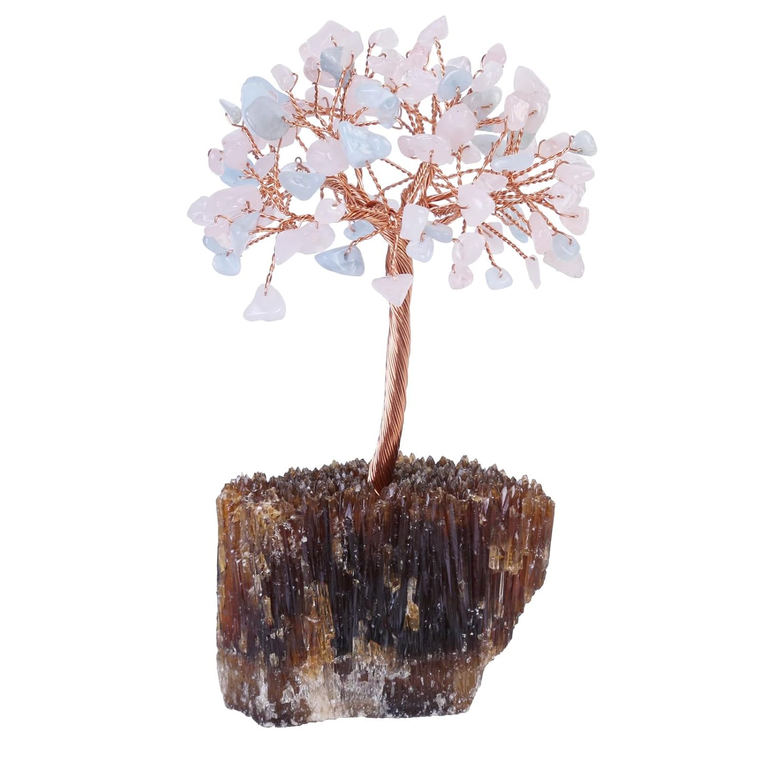 mookaitedecor Aquamarine & Rose Quartz Tree on Amber Calcite Cluster Base | 5.3-6.1 Inch Bonsai Tree, Crystal Tree of Life Decor, Feng Shui Ornament for Home Office Table...