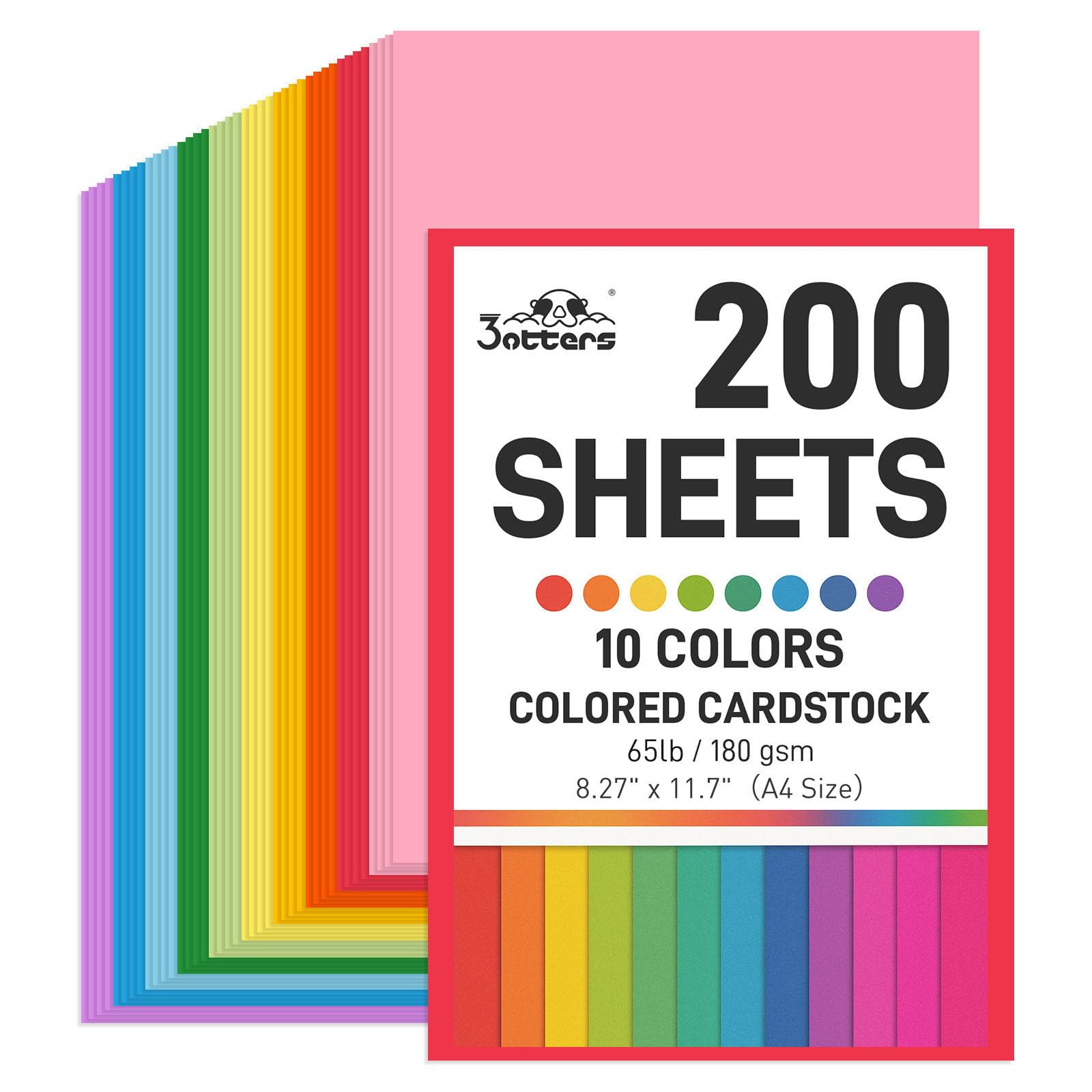3 otters 200Sheets Construction Paper, Cardstock 8.27" x 11.7", 10 Assorted Colors Card Stock Printer Paper 65lb/180GSM, for Printing, DIY Crafts,