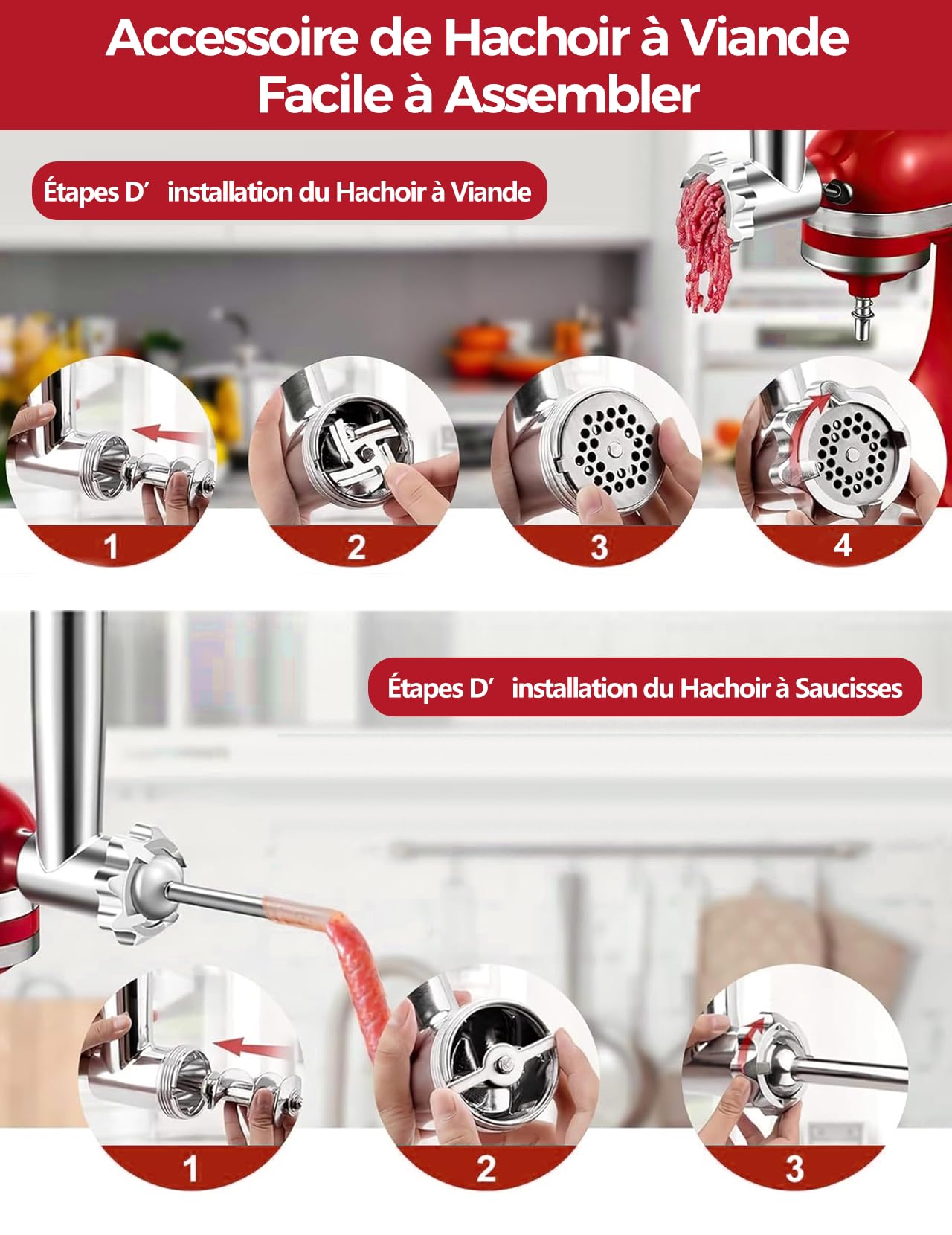 Accessoire Hachoir à Viande pour Robot Ménager KitchenAid | Comprend un Poussoir à Saucisse, une Brosse de Nettoyage, Acier Inoxydable un Ensemble Trancheur-râpe pour KitchenAid