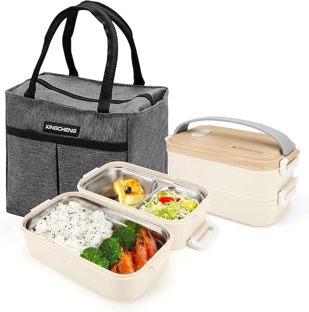 Xakay Lunch Box, 1600ml Bento Box for Adults and Kids, 2 Tiers Lunch Box with Stainless Steel Container and Insulated Lunch Bag, Microwave Dishwasher Safe, Leakproof Sandwich Box for Students (White)