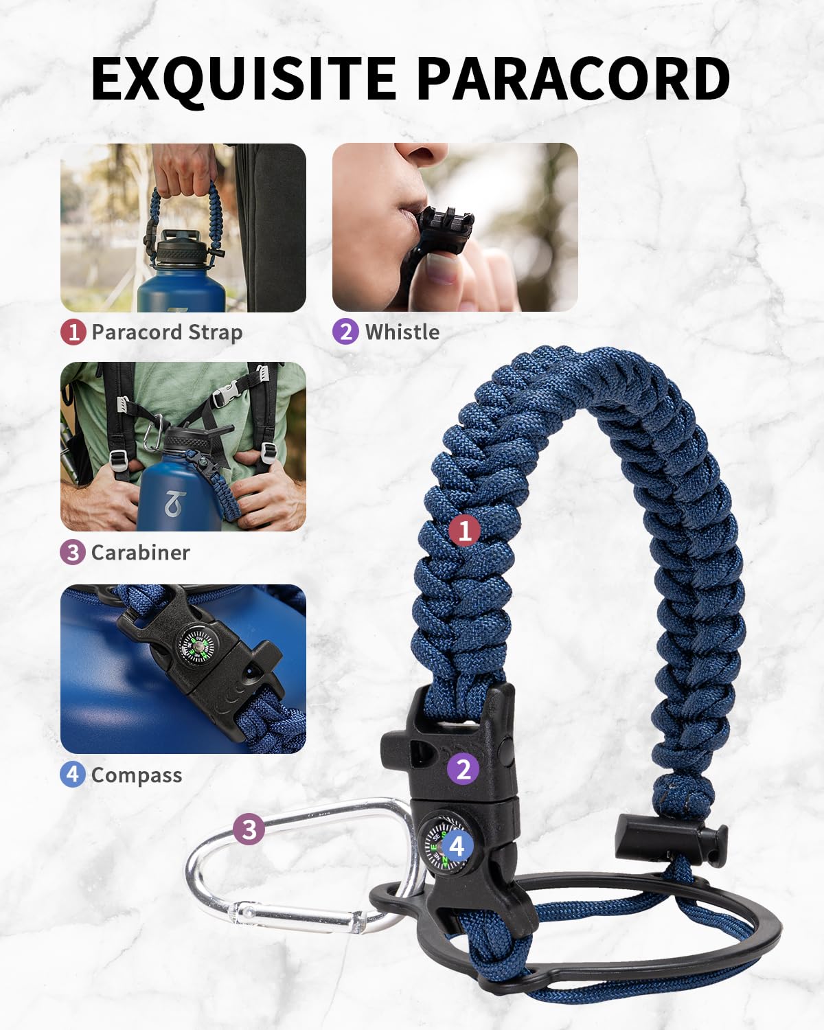 Trebo Edelstahl Trinkflasche mit Paracord-Griff, 1893 ml, Klassisches Blau | Metall Isoliert Wasserflasche mit Strohhalm & 3 Deckeln, Drei-Wand-Vakuum Isolierflasche, 48 Stunden kalt, Spülmaschinenfest