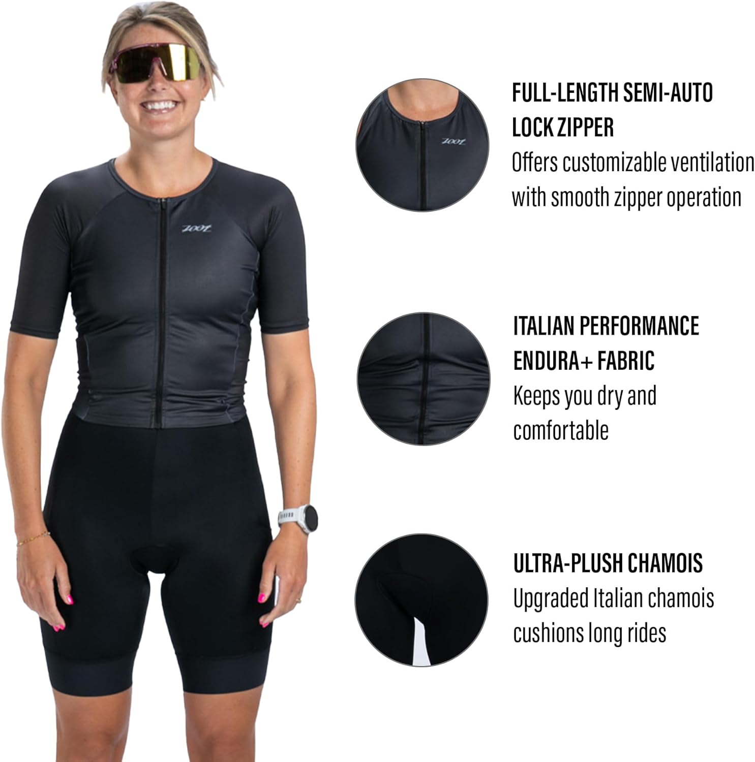 Zoot Women’s Core Tri Aero FZ Racesuit, Short Sleeve Moisture-Wicking Triathlon Suit, Plush Chamois & Race Day Storage