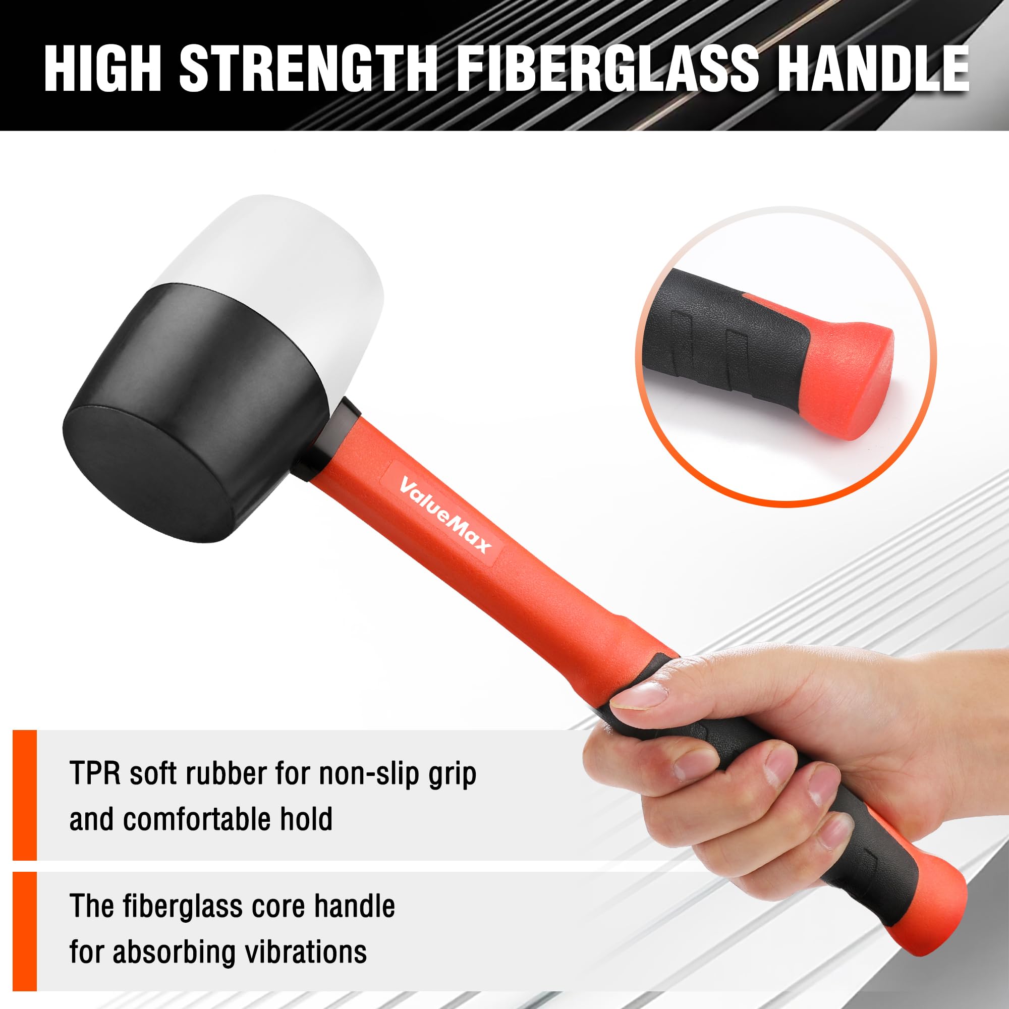 ValueMax Rubber Mallet 16 oz/ 450 g, Mallet Hammer with Fibreglass Handle - Image 4