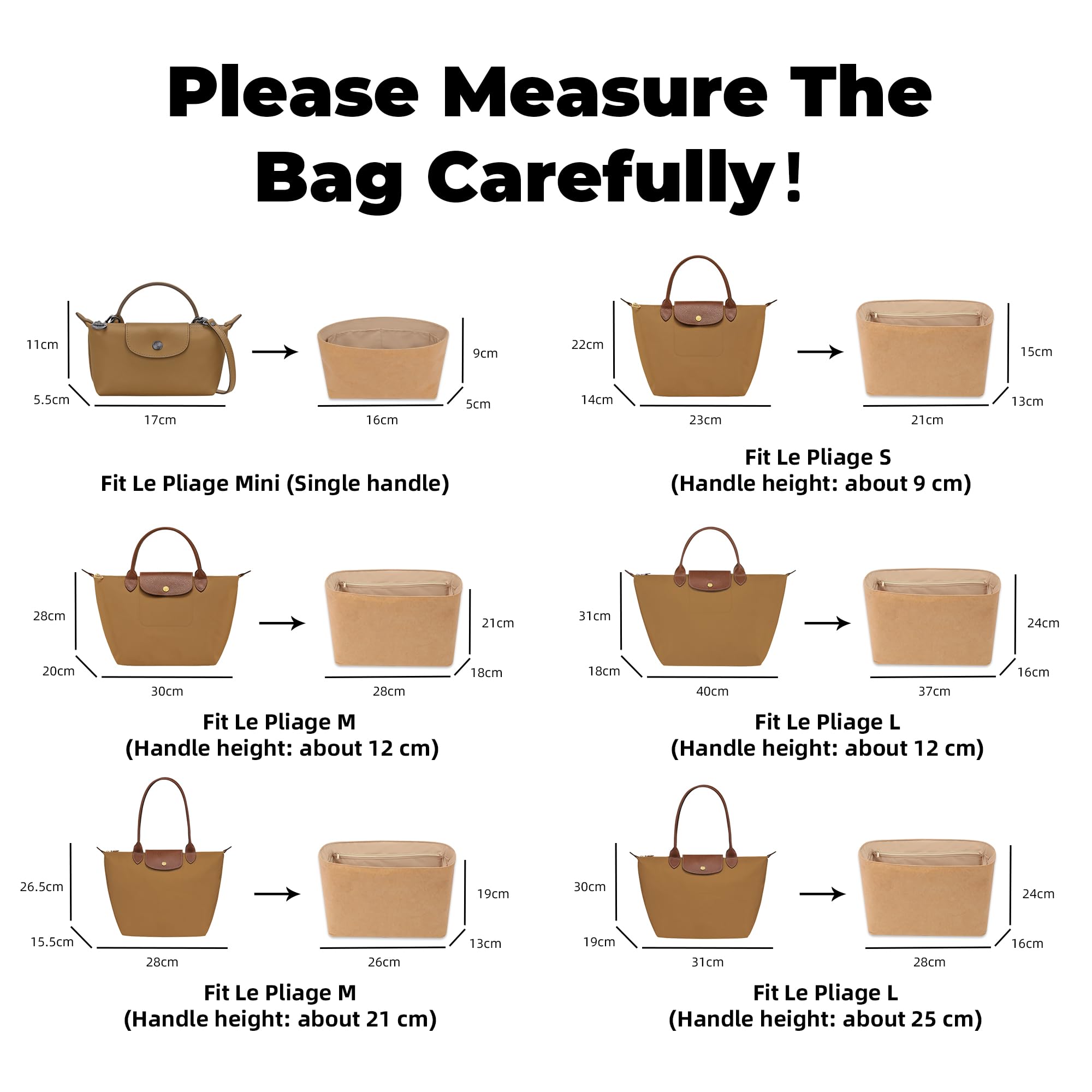 DGAZ Organizador de Bolsos Interior, Inserto para Longchamp Le Pliage, Forro de Seda y Exterior de Papel Dupont, con Bolsillo con Cremallera y Tira Sujeta-Botellas, Ligero (Chai, M Asas largas)
