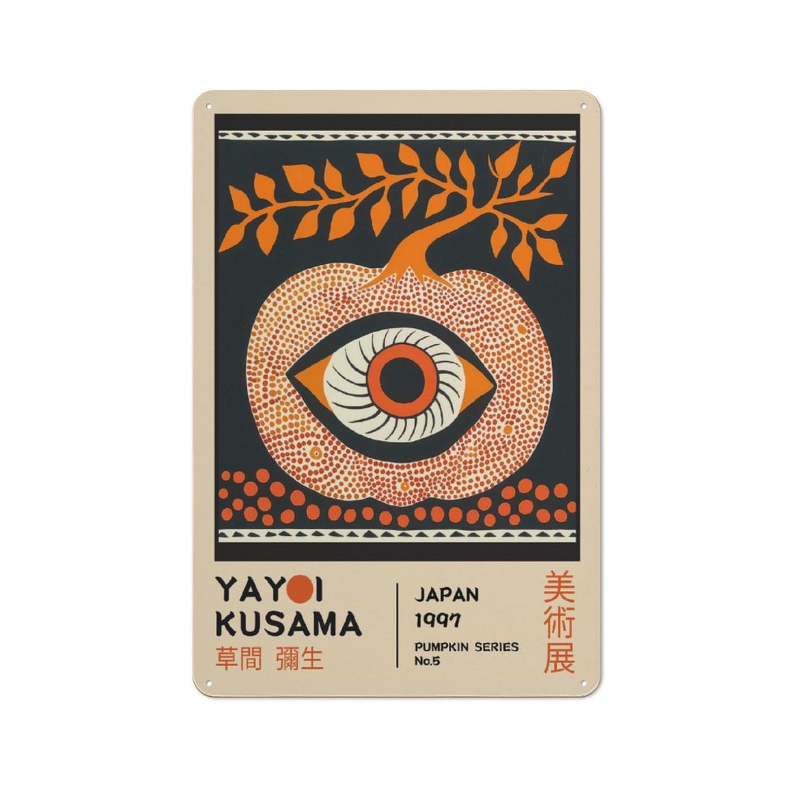Junmoney Style-5 Character Decorative Tin Plaque 30X20cm Featuring Yayoi Kusama Pumpkin No.5 Exhibition Poster, Home Wall Decor For Flat, Dorm Room, Lounge Or Cafe