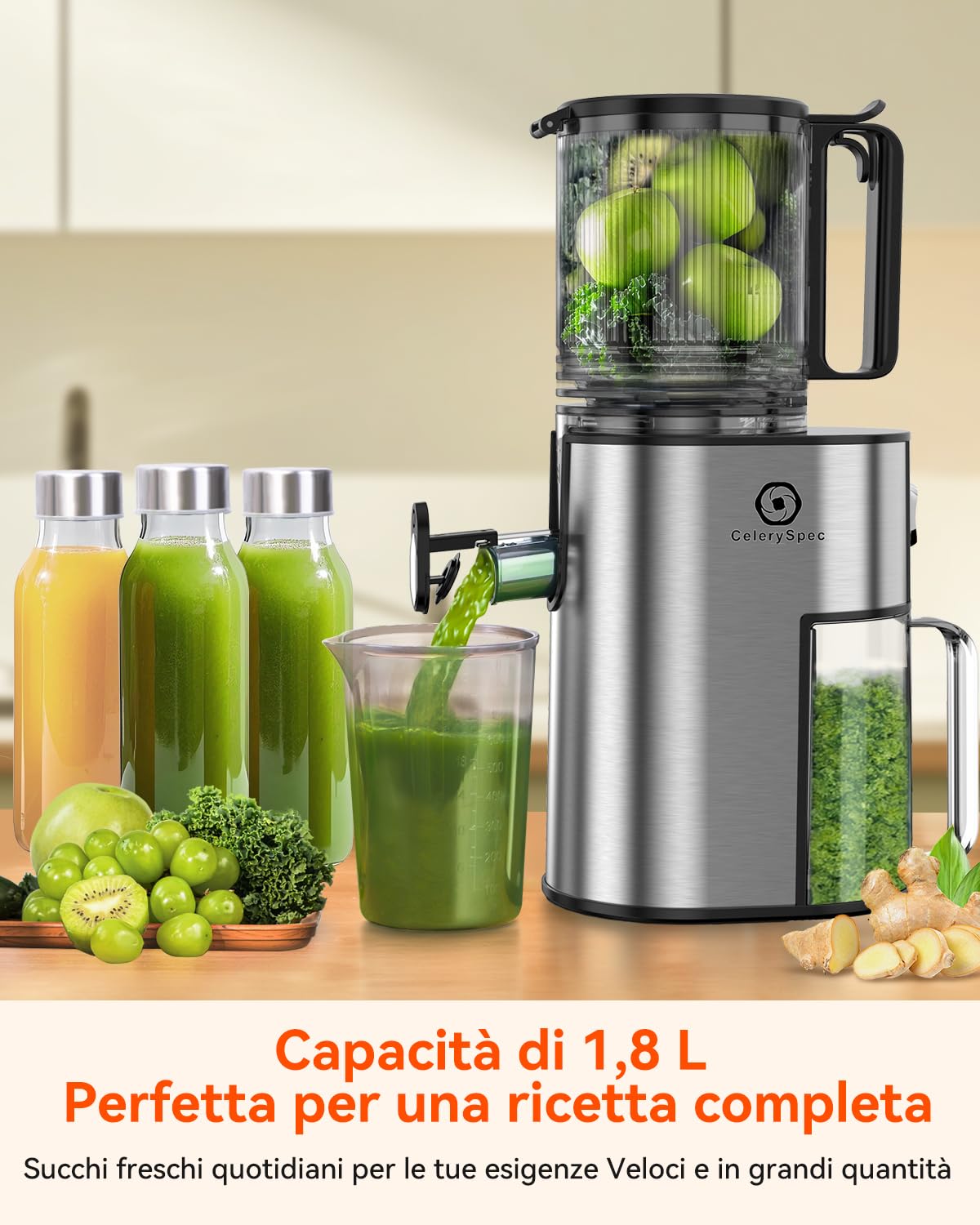 Estrattore di Succo a Freddo, Estrattore di Frutta e Verdura con Calibro 130mm, 1,8L, 250W, BPA-Free, Estrattore Verticale con Funzione Inversa, Facile Pulizia, Acciaio Inox