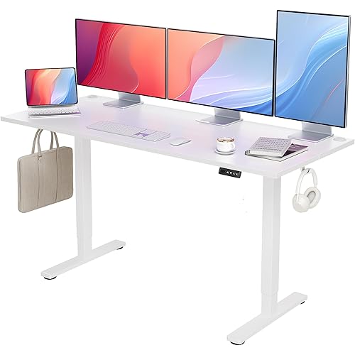 Seang Electric Standing Desk with Adjustable Height, 63x24 Inch Stand Up Desk, Sit Stand Desk with Splice Board for Home Office Computer Workstation, White Frame/White Top