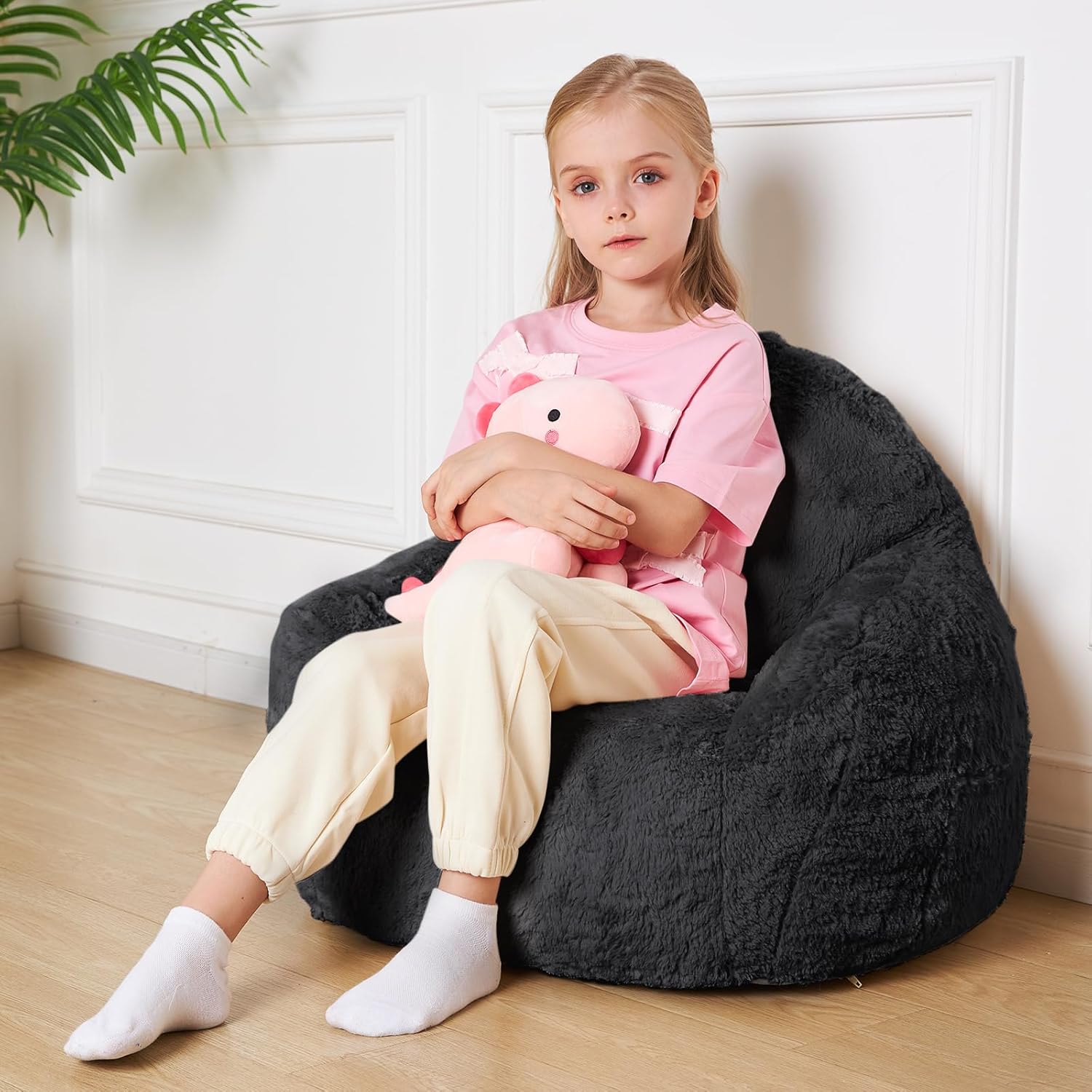 Giant Bean Bag Sofa Chair Bean Bag Chair with High Density Foam Filling Oversized Fluffy Bean Bag Couch for Children with Armrests for Living Room, Bedroom (Deep Grey, 23x23x21 inches)