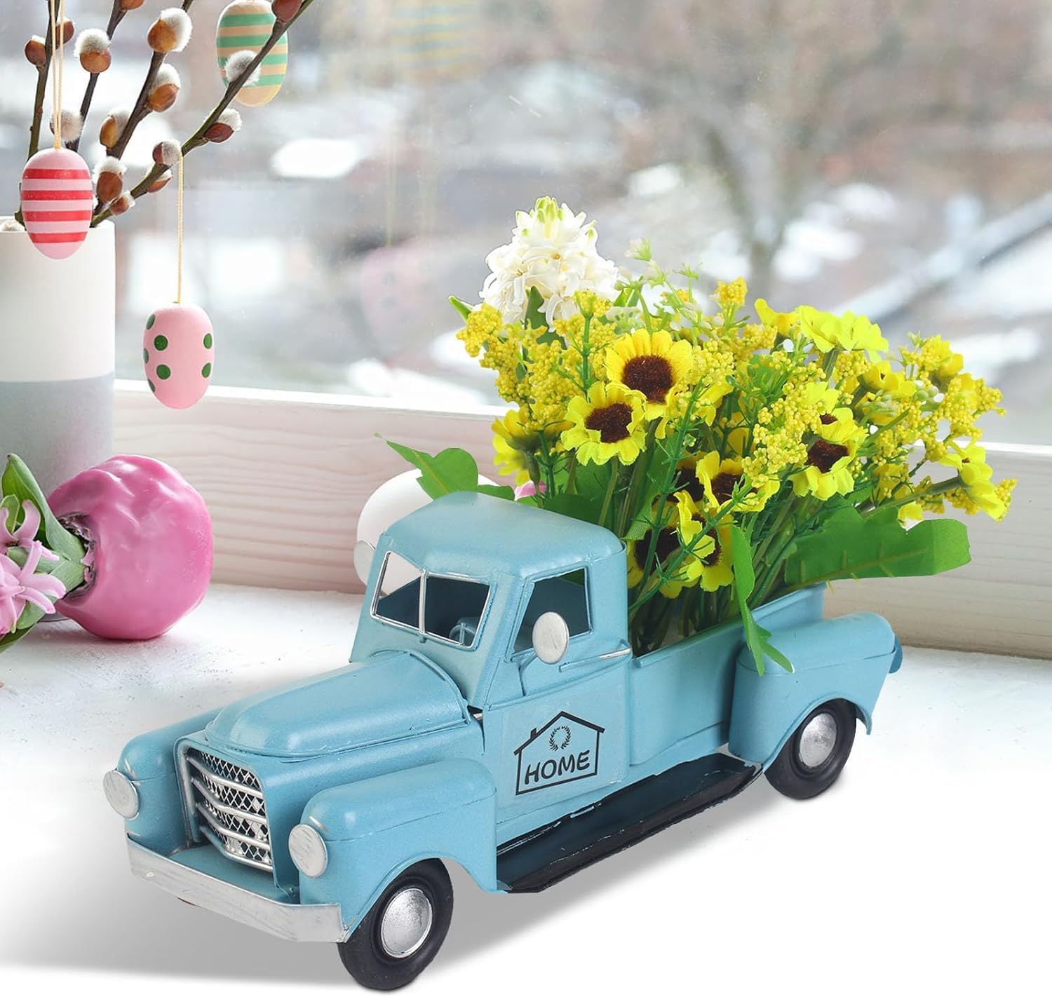 Vintage Blue Truck Decor, Farmhouse Metal Outdoor/Indoor Pickup Planter, Christmas Blue Trucks Decorations, Decorative Tabletop Storage,Gift Basket for Holiday(Without Flowers) image 3