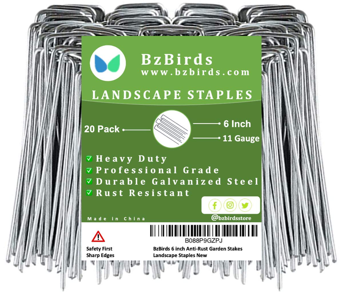 BzBirdsUSA Made 20 Pack Landscape Staples 6 inch 11 Gauge Garden Stakes Galvanized Steel | Yard Stakes for Decorations Weed Barrier Fabric | Ground Stakes for Gardening | Fence Stakes Landscape Pins