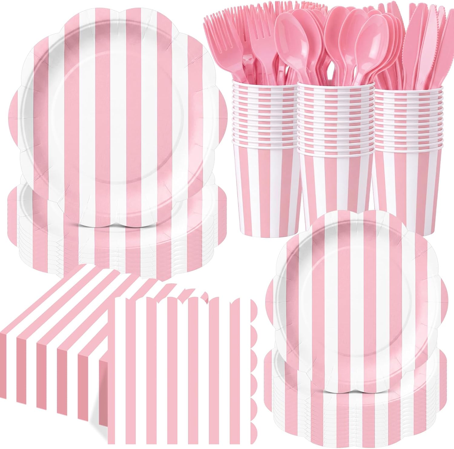 Pickmesh Pink Striped Party Supplies Set, 400 Pcs for 50 Guests