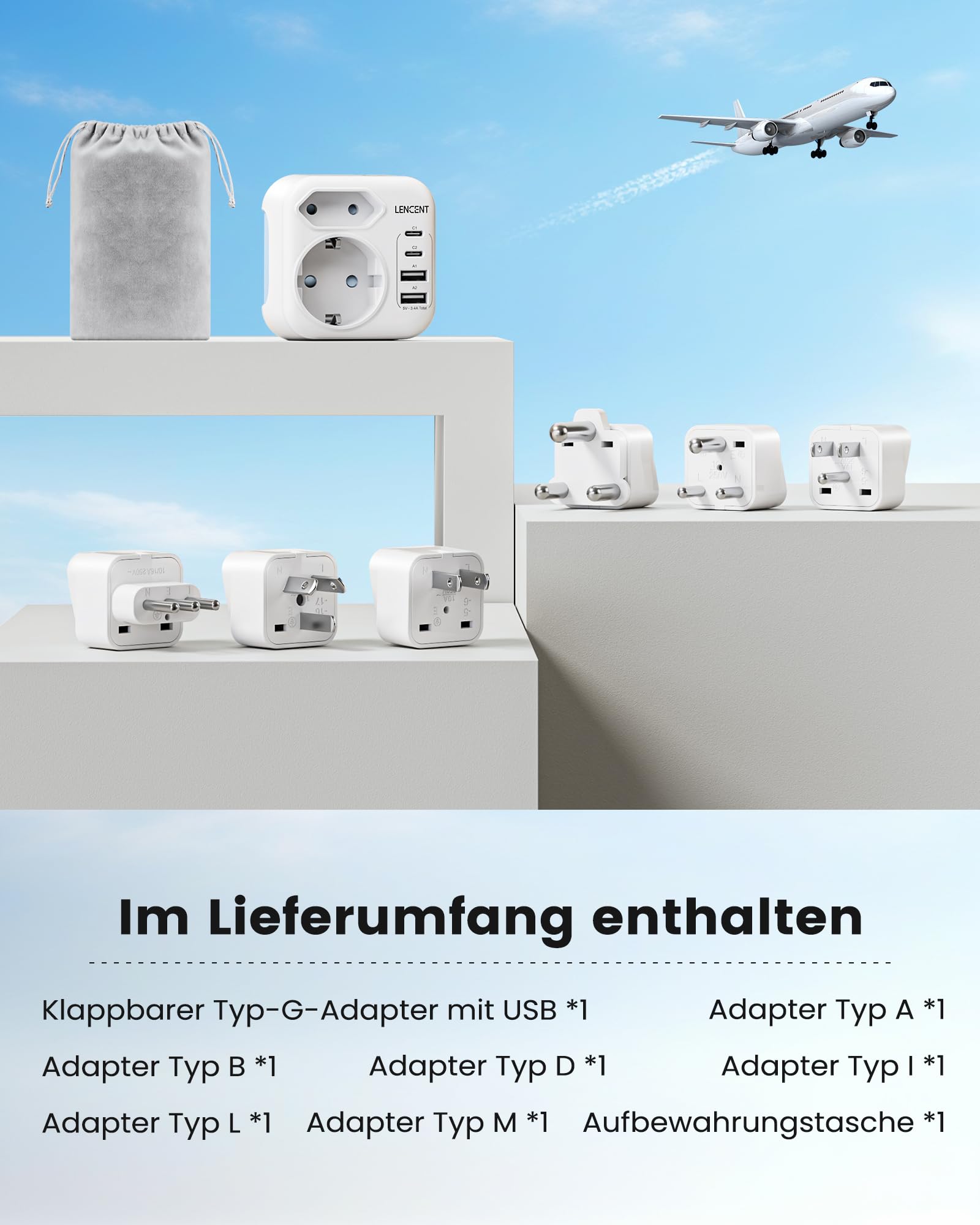 Reiseadapter Weltweit, Typ A/B/D/G/I/L/M Universal Reisestecker mit 2 USB C | Internationale steckdosenadapter für UK Irland USA Kanada Japan Südafrika Malediven Sri Lanka Tansania Sansibar Namibia