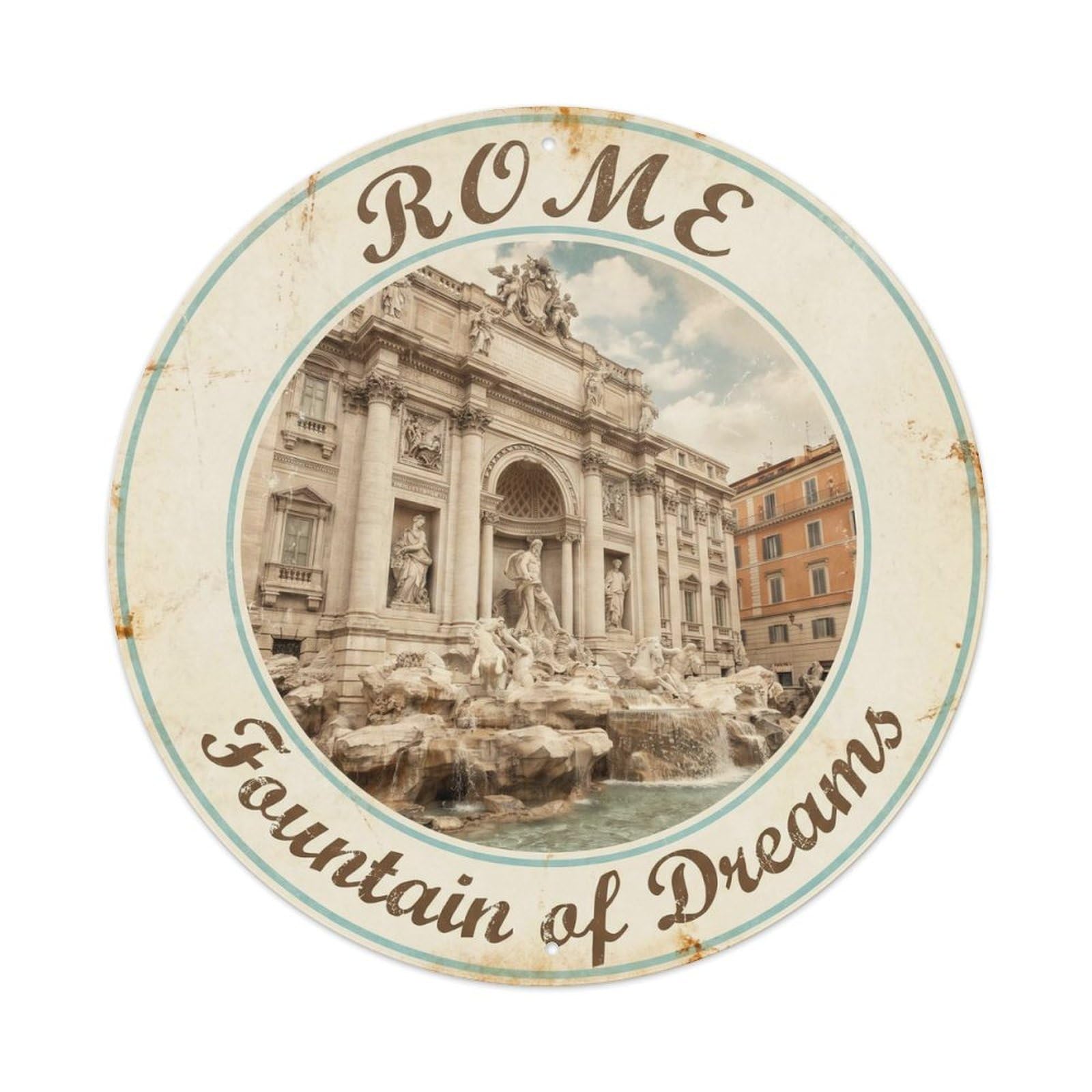 Vintage Travel Trevi Fountain Rome Metal Tin Sign Plaque Wall Decor for Cafe, Club, Garden Round Metal Poster 8x8Inch