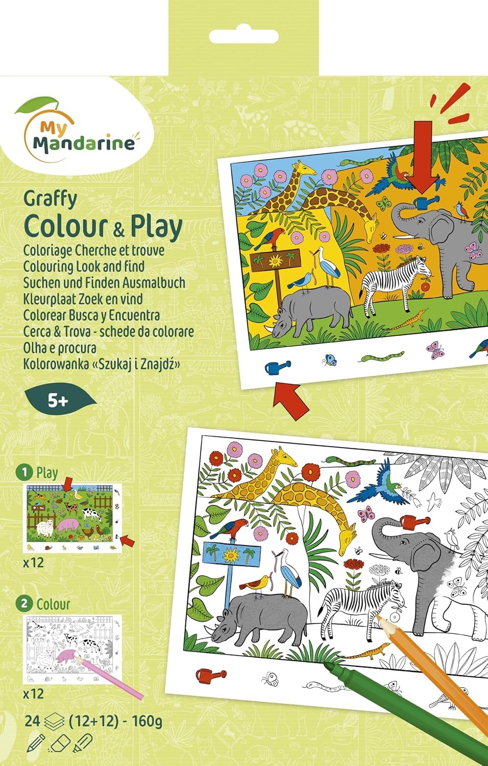 MY MANDARINE GY165C - A Graffy Colour & Play Notebook with 24 Drawings (12 Coloured Sheets & 12 Colouring Pages) 160g - from Age 5 - Hunt and Seek - Zoo