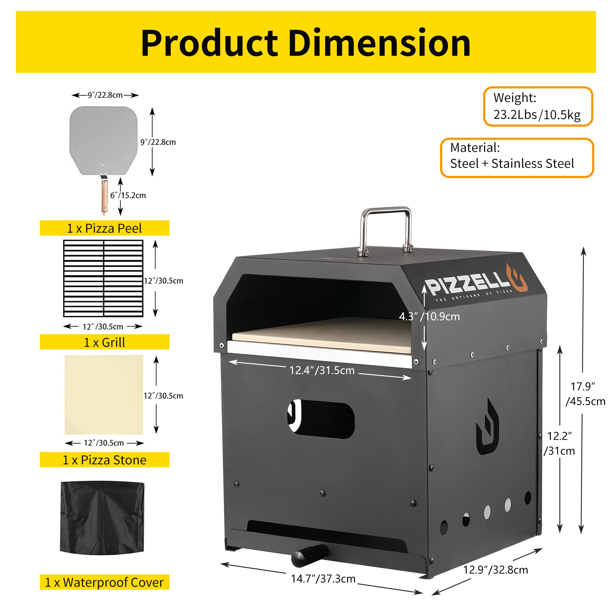 PIZZELLO 4-in-1 Pizzaöfen Holzbeheizter Außenofen mit Pizzastein, Pizzaschieber, Deckel und Grillrost