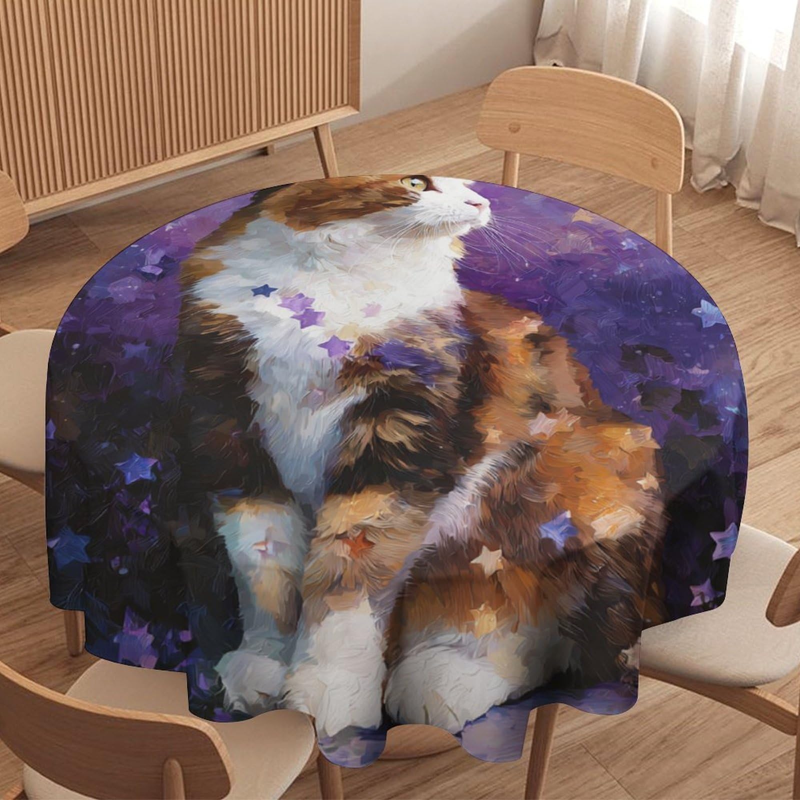 LUYYSKY Cute Abstract Animal Kitten Round Tablecloth Romantic Modern Starry Sky Galaxy Pet Cat Pattern Washable Decor for Table Cover for Kitchen-177.8" Wx177.8 L cm