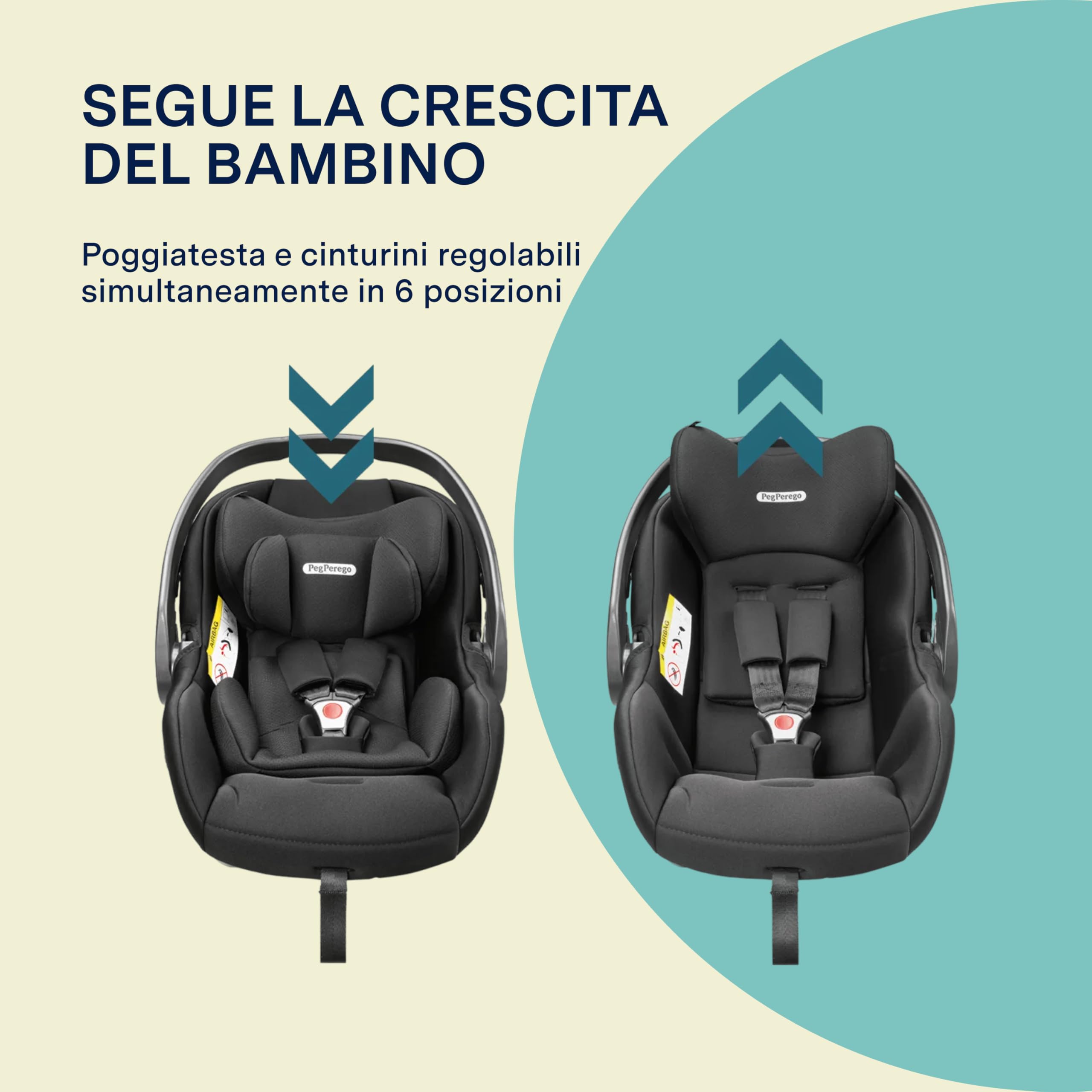 PEG Primo Viaggio SLK - Seggiolino Auto Neonato ISOFIX (40-87 cm), 0-15 Mesi, 0-13 kg, Premiato nei Crash Test, Capottina UPF 50+, Seduta Imbottita, Protezioni Laterali, Onyx