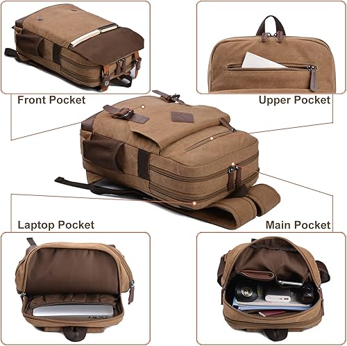 Miniatura 3 de Mochila vintage de lona para laptop para mujeres y hombres, bolsa universitaria para portátiles de 15.6 pulgadas, Café, Mochila vintage para portátil