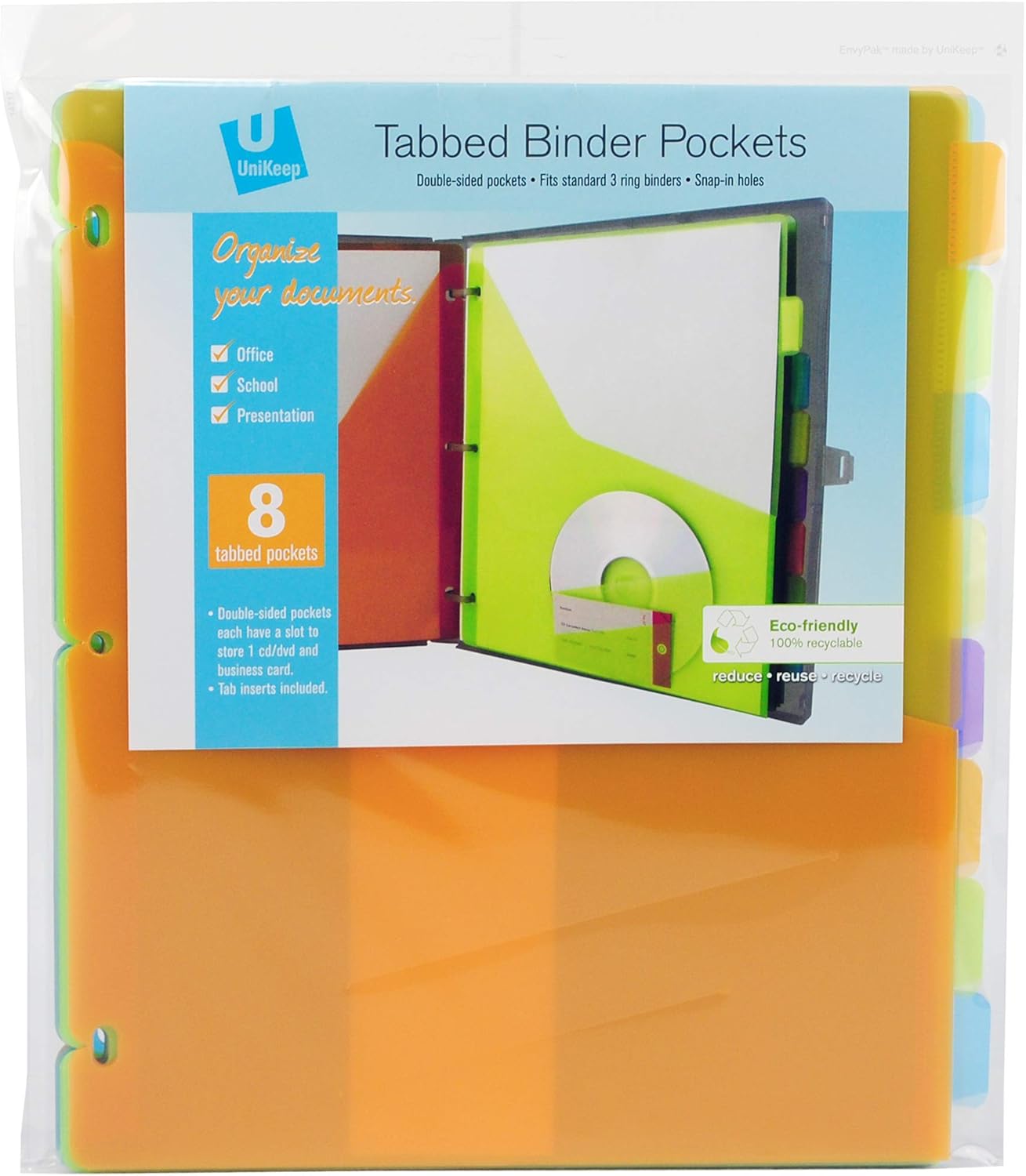UniKeep Tabbed Binder Divider Pages with Pockets - Set of 24 Dividers in Assorted Colors