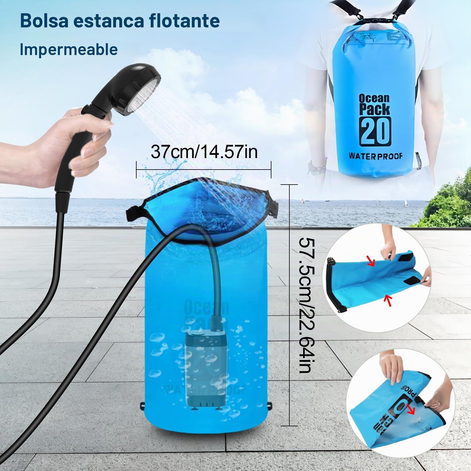 Ducha de Camping portátil, Bomba de Ducha de Camping con batería Recargable 6000mAh y indicador de Temperatura, Cabezal de Ducha Multifuncional y Tubo 2M, cubeta Plegable de 20L
