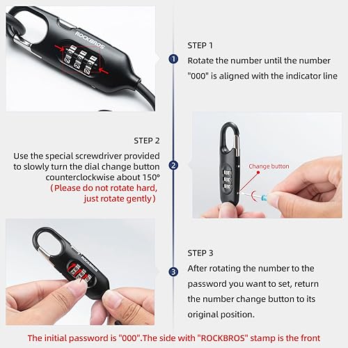 Miniatura 6 de ROCKBROS Candado de bicicleta con combinación de cable para bicicleta, 6 pies de largo, portátil, antirrobo, para scooterbicicletamotor