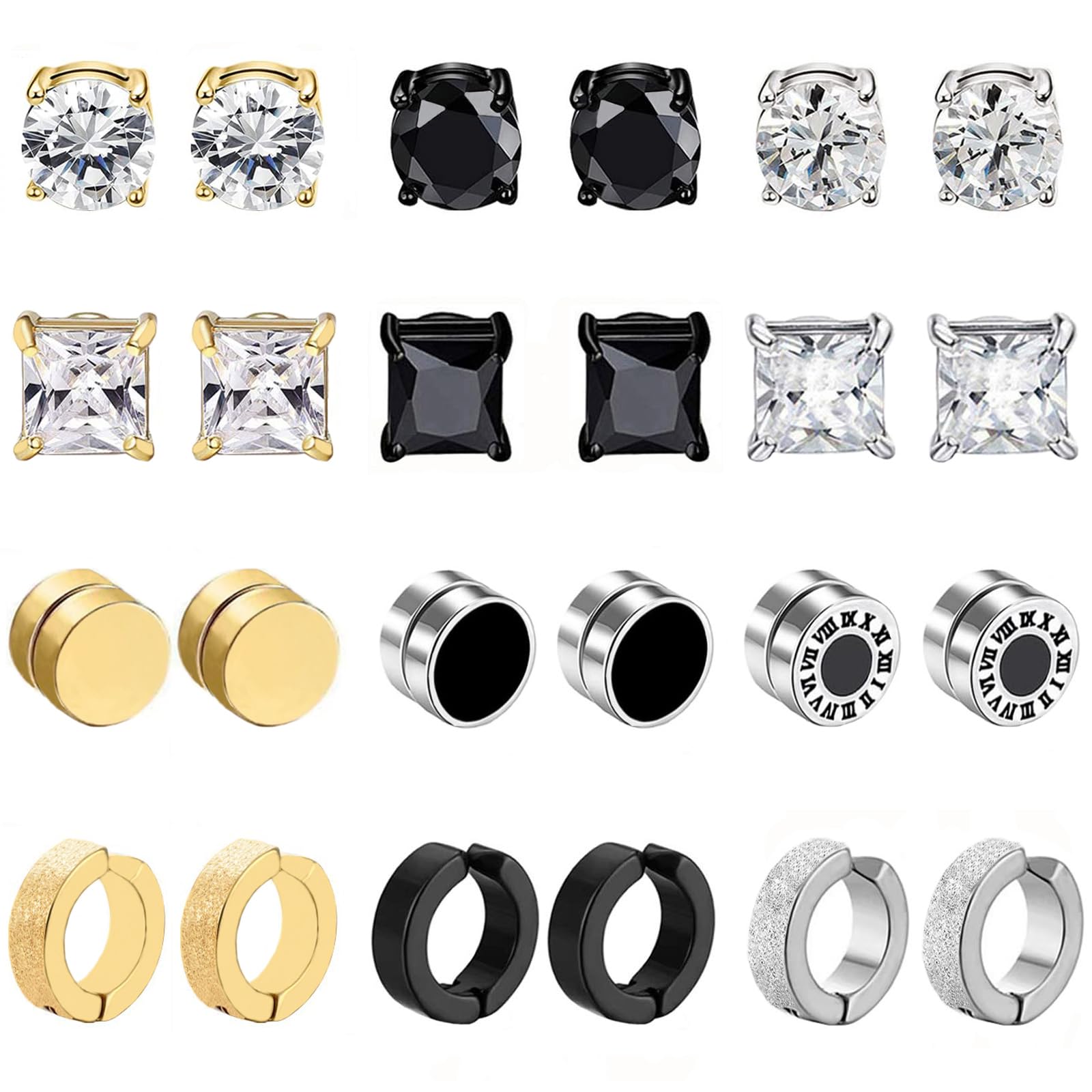 VELESAY 12 Pares Pendientes Magnéticos de Acero Inoxidable Imán Hombre Pendientes Clip Hombre Sin Agujero Pendiente Falsos CZ Magnet Mujer Diamante Pendientes Set Negro Plata