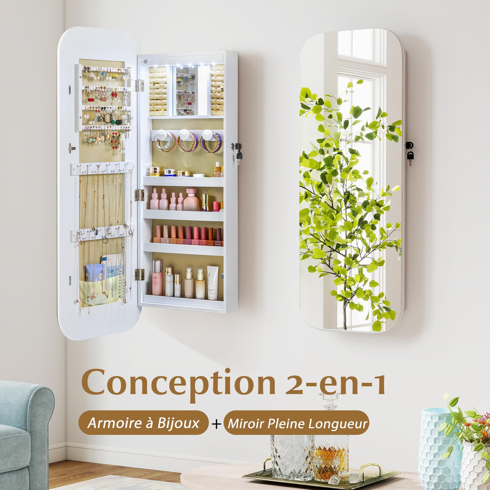 RELAX4LIFE Armoire à Bijoux, Miroir Mural Élargi avec Rangement Bijoux