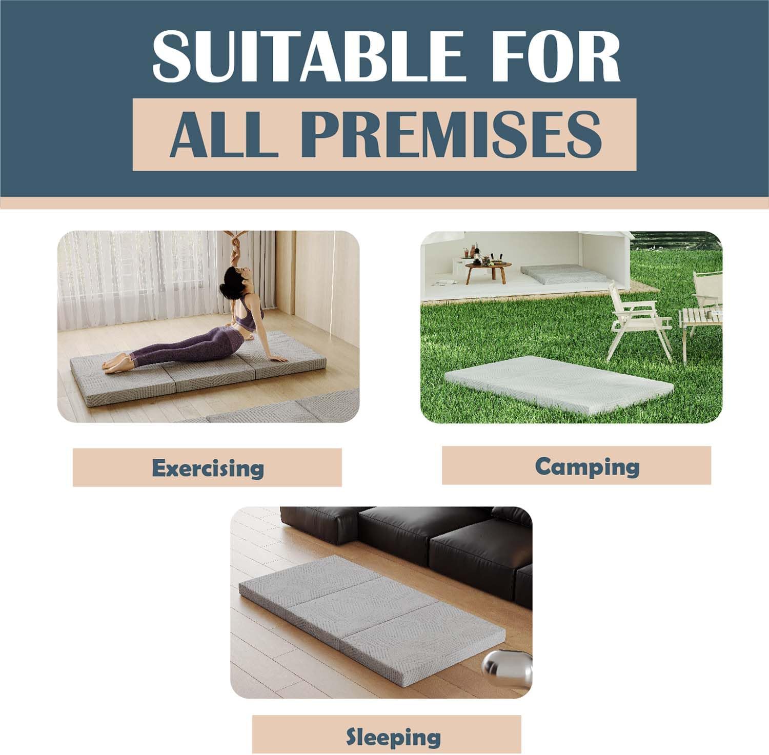 Dyonery Folding Mattress Topper, 4 Inch CertiPUR-US Certified Memory Foam Twin Foldable Camping Mattress with Washable Cover, 75"×38"×4", Grey
