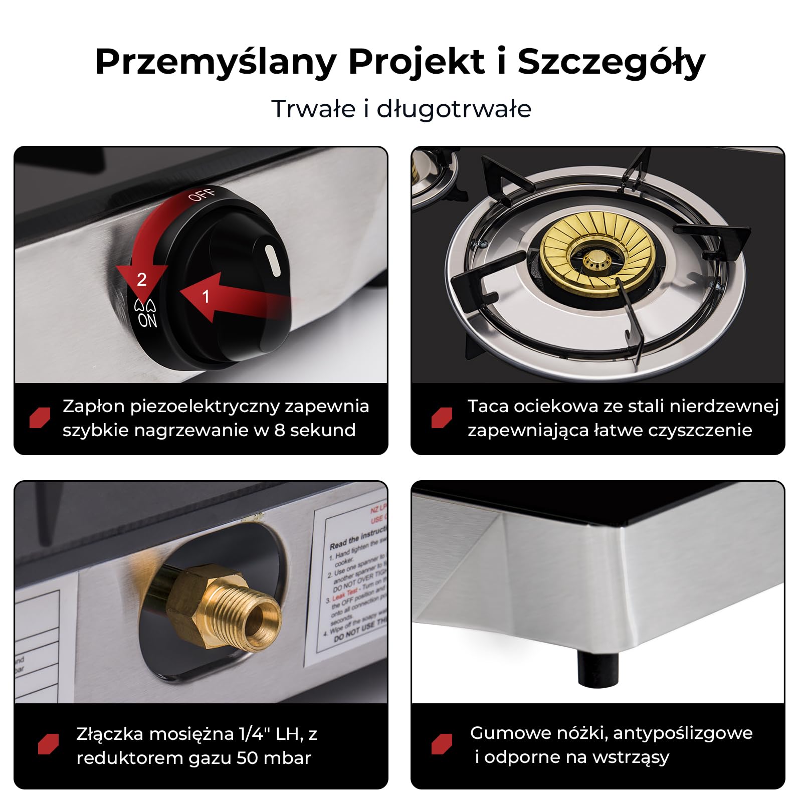 CAMPLUX TC03GB kuchenka gazowa szklana, 3 palniki, 6,25 kW, LPG, przenośna kuchenka kempingowa, 72,5 cm, regulator gazu 50 mbar
