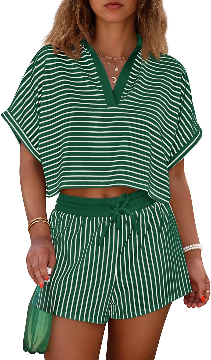 Cicy Bell Womens Striped 2 Piece Short Sets Summer Short Sleeve Collared V Neck Cropped Tops Vacation Casual Lounge Outfits
