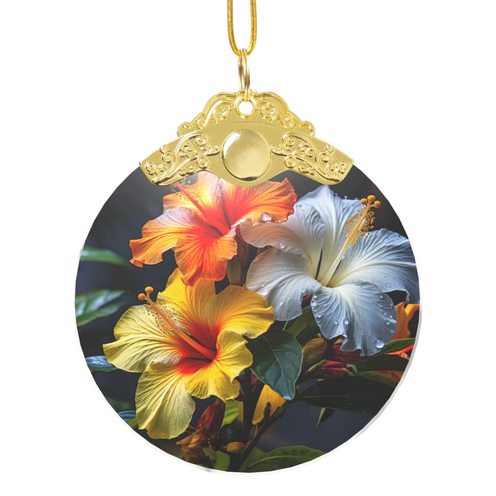 Blooming Hibiscus Flowers Print Glass Circular Pendant Christmas Tree Decoration Indoor Pendant Holiday Supplies