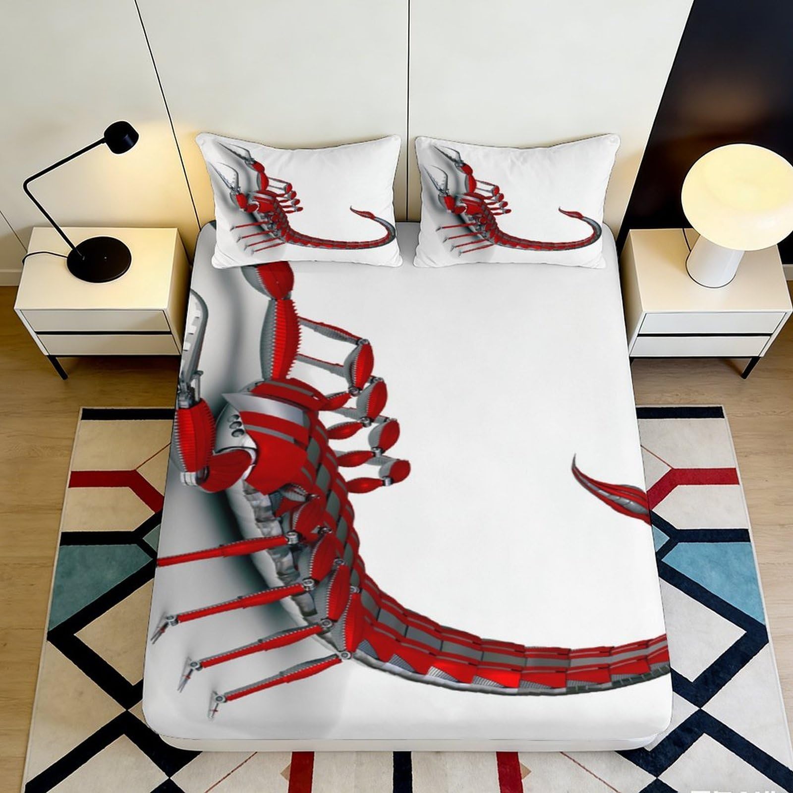 3D Printed Red Robot Scorpion Fitted Sheet Microfiber Durable Soft Mattress Cover with 3D Printed Mechanical Insect Design for Bedroom Dormitory Guest Room 140x200x25cm
