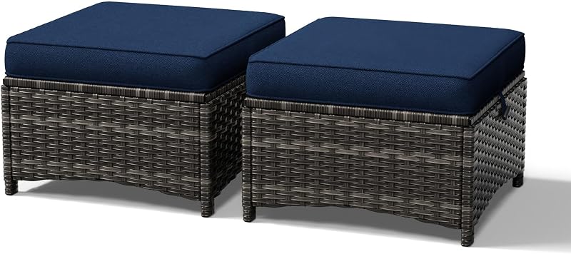 Outdoor Ottoman Set of 2, Patio Large Ottoman Foot Rest with Thickened Cushions, Outdoor Wicker Foot Stool for Porch, Deck Use