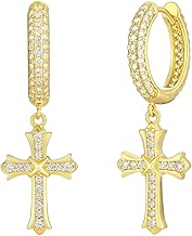 KRKC & CO Cross Earrings, Men's, Women's, Hoop Earrings, 925 Silver, Hypoallergenic Metal, Both Ears, 0.6 inch (15 mm) Diameter, 14K Gold Plated, 20G, Sterling Silver, Swing, Drop Earrings, CZ Diamond