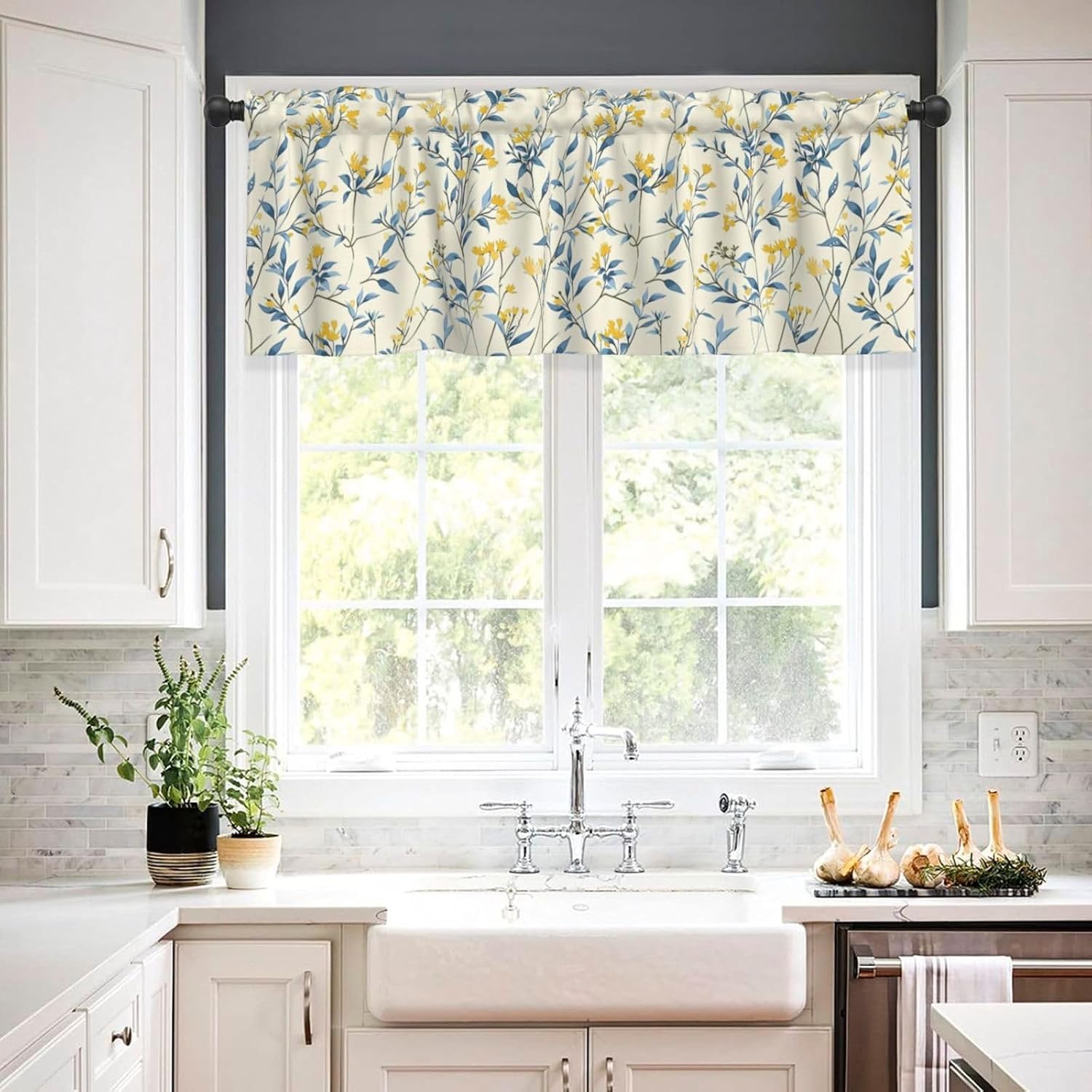 Valance for Windows Yellow Floral Blue Leaf Decorative Rod Pocket Kitchen Curtain Valances Short Window Valance Curtains for Living Room Bedroom Bathroom 1 Panel 54x18Inch