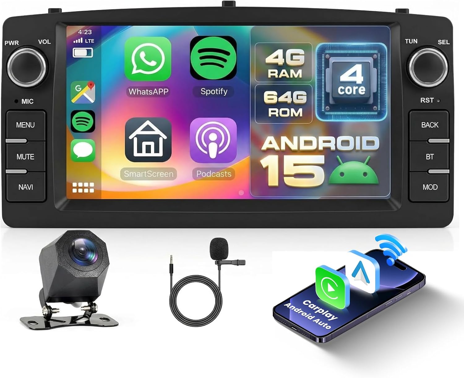 [4G+64G] Android Car Radio for Toyota Corolla E120/E130 2000-2007 for BYD F3 with Wireless CarPlay Android Auto, 7 Inch Touch Screen Car Radio with Bluetooth,GPS,WiFi,FM/RDS,Camera