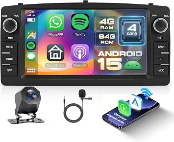 [4G+64G] Android Car Radio for Toyota Corolla E120/E130 2000-2007 for BYD F3 with Wireless CarPlay Android Auto, 7 Inch Touch Screen Car Radio with Bluetooth,GPS,WiFi,FM/RDS,Camera