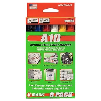 U-Mark A10 Xylene-Free Paint Marker 2/4mm Bullet Chisel Tip, Marks On Metal Plastic Rubber Wood Glass Ceramic Textile Cardboard, 6 Pack, Assorted Colors