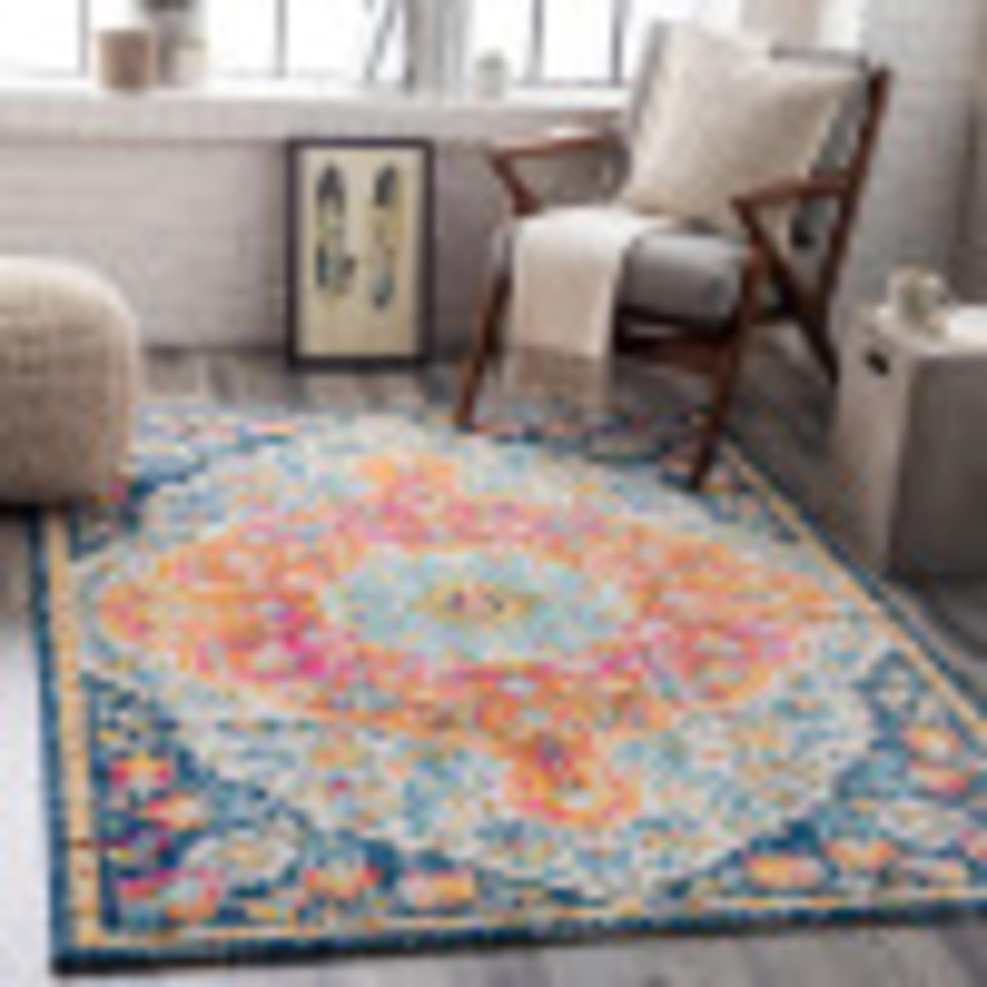 Livabliss Wren Aflou Vintage Carpet 200x275 cm, Traditional Multicolour Boho Design for Living Room, Dining & Kitchen, Easy Care Pile, Fuchsia Orange Blue
