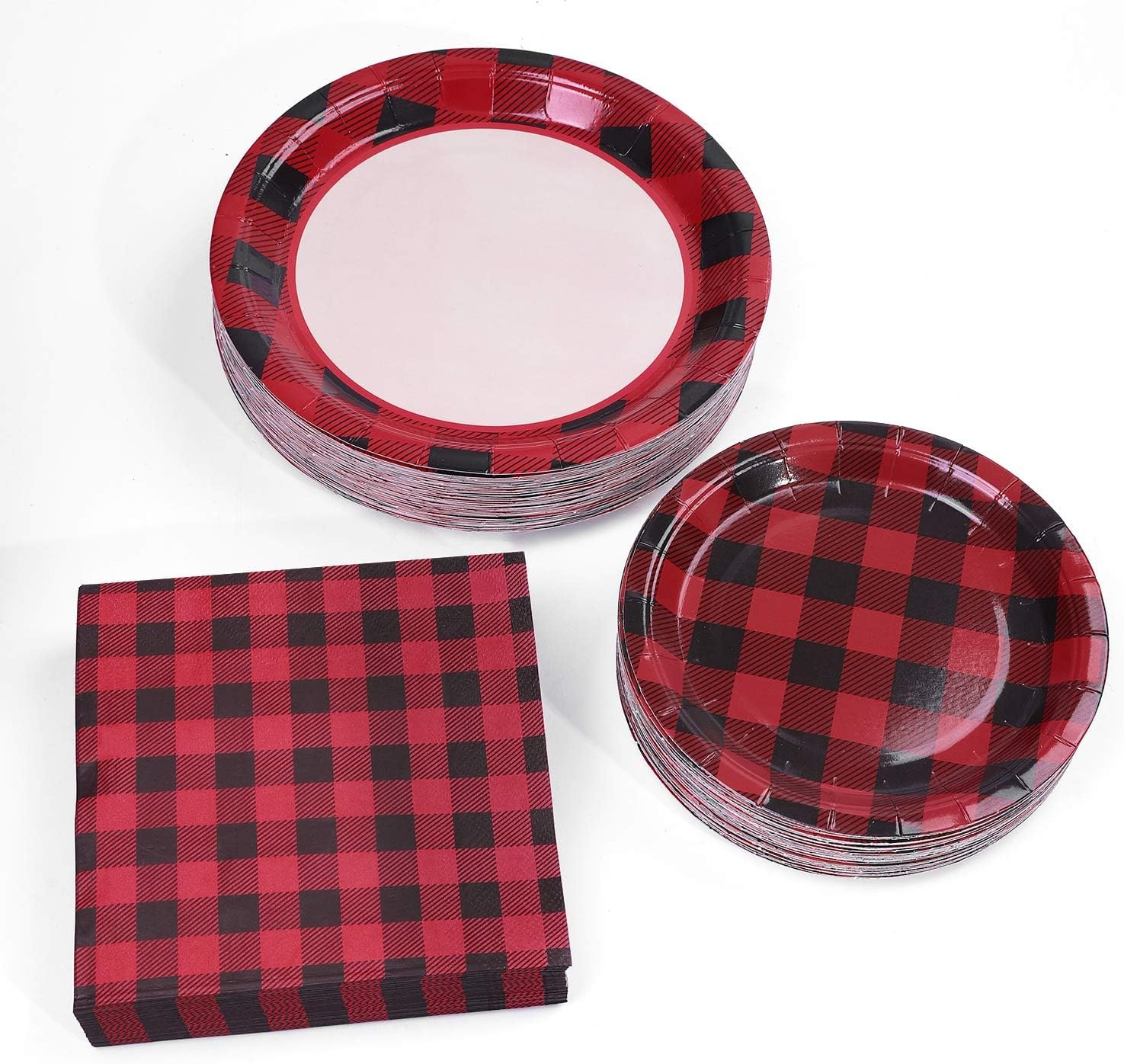 Aneco 200 Pieces Red and Black Buffalo Plaid Dinnerware for 50 Guests Disposable Buffalo Check Paper Plates Cups and Napkins Tableware for Baby Shower Party Decorations