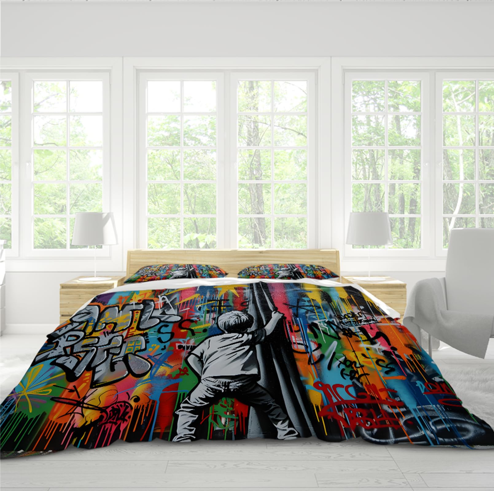Colorido Estilo Graffiti Funda de Edredón Set 3 Piezas Lindo Niño Tirando de Las Cortinas Juego de Ropa de Cama con 2 Almohadas Shams Cremallera y 4 Lazos 140 x 220 cm