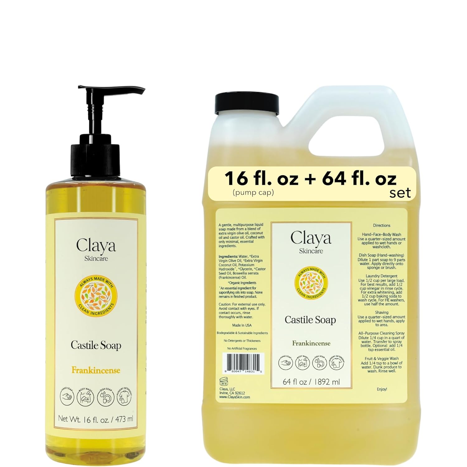 Claya Frankincense Liquid Castile Soap – Organic Ingredients, Biodegradable, Aromatic with Citrus and Spice, Gentle for Skin (16 fl oz (Pump Cap) and 64 fl oz)