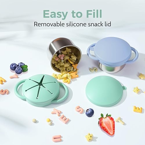 Miniatura 2 de Stainless Steel Snack Cups with Silicone Food Catcher, Travel Lid, Spill-Proof Baby Toddler Food Containers, Dishwasher Safe, 2 Pack