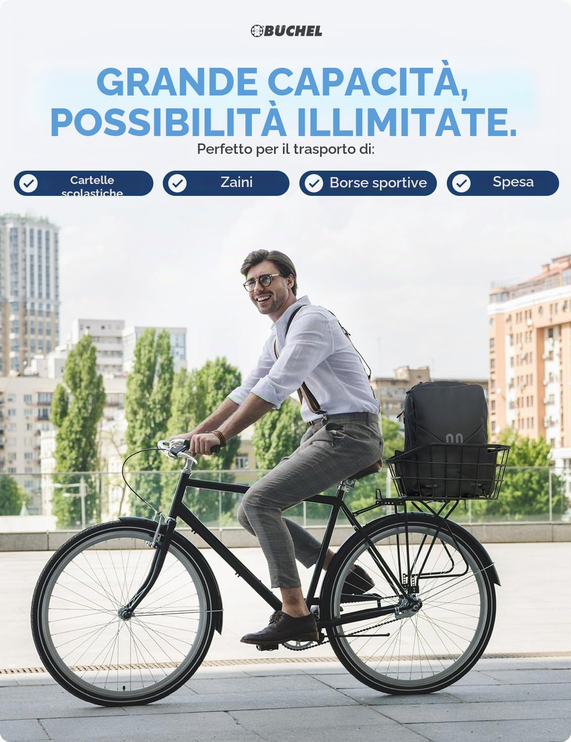 Büchel Cestino Posteriore per Bici JUMBO in Alluminio di Alta Qualità con Bordi Rinforzati | Grande Cestino per Bicicletta Posteriore con Kit di Fissaggio | Cestino per Zaini Scolastici